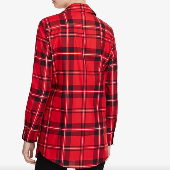 NEW Red Plaid Shirt Tunic Size 6 Foxcroft Holiday Tartan Wrinkle-Free Shaped Fit - Picture 2 of 12
